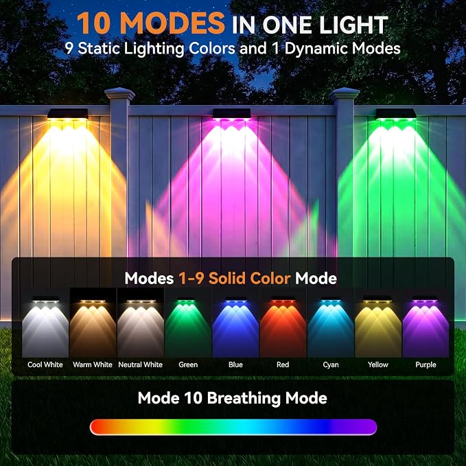 Solar Fence Lights Outdoor 6 Pack, Upgraded Brightness 3X LED Lens Fence Lights Solar Powered, 9 Fixed Colors & RGB Lights, IP65 Waterproof Solar Lights for Outside Backyard/Railing/Step/Patio