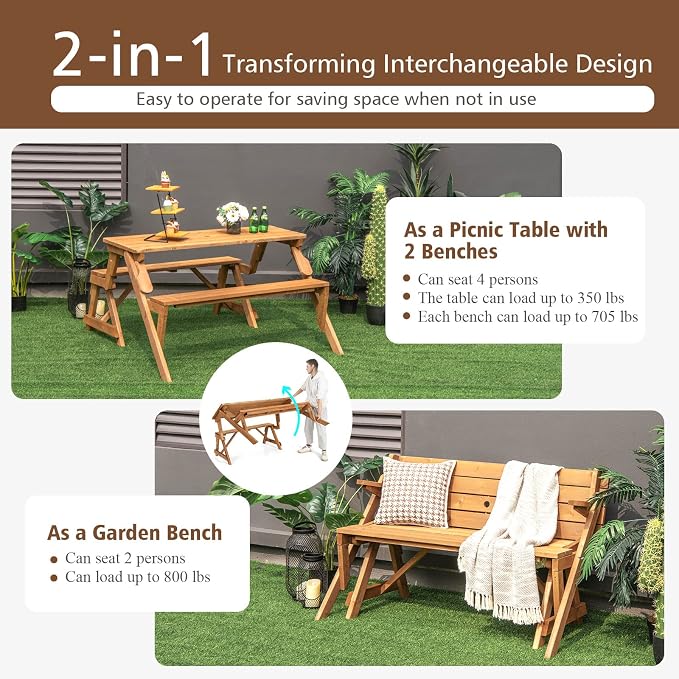 GYMAX Picnic Table, 2 in 1 Convertible Picnic Bench Table Set, Transforming Interchangeable Wooden Picnic Table with Umbrella Hole, Collapsible Outdoor Patio Dining Table Garden Bench