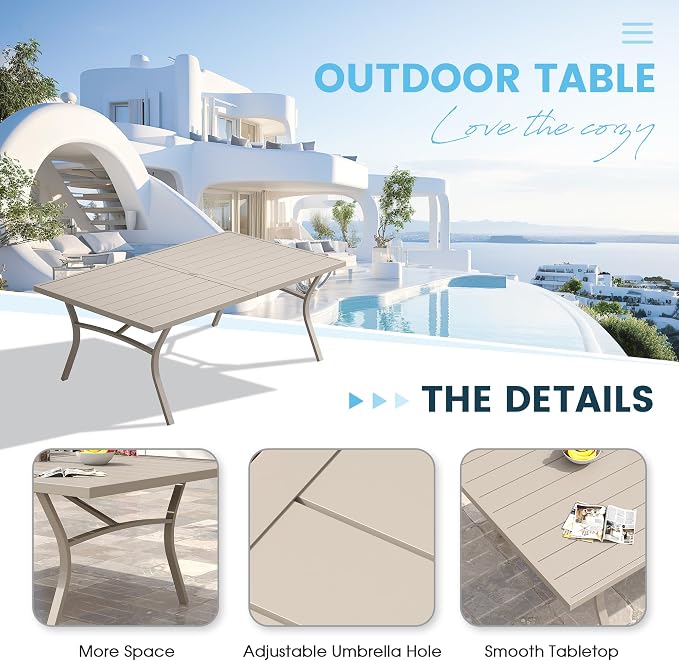 7 Pieces Patio Dining Set, 63" Rectangular Dining Table with Umbrella Hole, 6 Stackable Textilene Fabric Chairs, Metal Structure for Patio, Porch, Garden(Sand Table, Sand Chair)