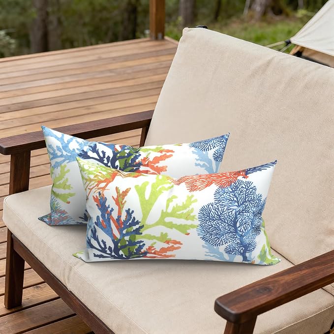 Outdoor Lumbar Pillows, Water Repellent Cushion Pillows 12x20 Inch, Outdoor Pillows with Inserts for Home Garden, Pack of 2, Coral Multi