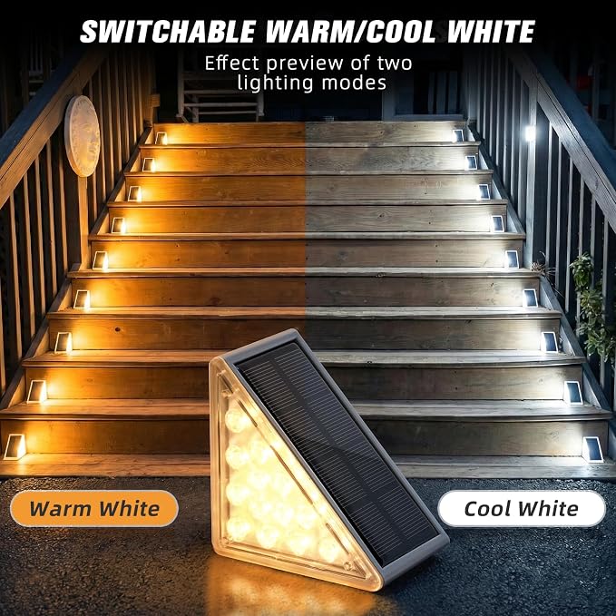 Solar Step Lights 24 Pack - Outdoor Stair Lights with 3000K Warm White & 6000K Cool Daylight, IP67 Waterproof, Auto On/Off, Super Bright for Deck, Patio, Steps