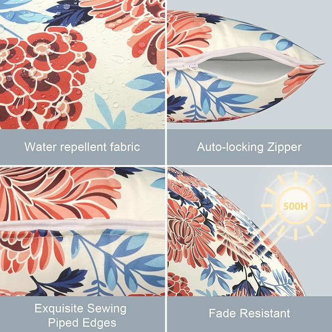 LVTXIII Outdoor Throw Pillow Covers Set of 2, Patio Waterproof Pillow Cases Fade Resistant Accent Pillow Covers for Home and Garden Furniture Decoration, 18"x18", Red Chrysanthemum