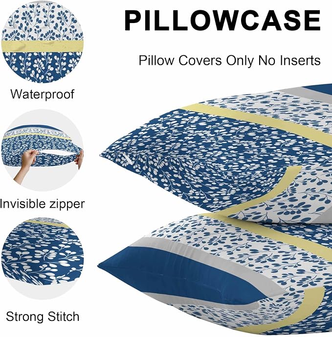 Blue Yellow Outdoor Pillow Covers 24x24 Inch Throw Pillow Covers Set of 2 Waterproof Decorative Pillow Cases Botanical Floral Motifs Wildflower Striped Cushion Covers for Patio Furniture Garden Couch