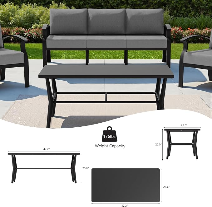 Aluminum Outdoor Patio Furniture Set,5 Seats Patio Conversation Sets with Rectangular Coffee Table,Metal Patio Sectional Furniture Set with 5.1" Thickened Cushions,Grey