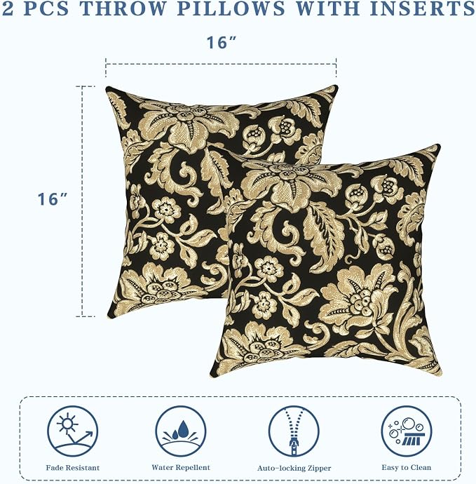 LVTXIII Outdoor Throw Pillows 16x16 Inch, Set of 2 Square Decorative Pillows with Inserts for Patio Furniture, Porch Chair, Garden Sofa, Jacobean Black
