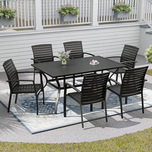 7-Piece Patio Furniture Set, 60" Outdoor Table and Aluminum Chairs | Rectangle Metal Patio Dining Table, 1.6" Umbrella Hole with Cover, Aluminum Frame Patio Chair, Resin Seat and Backrest
