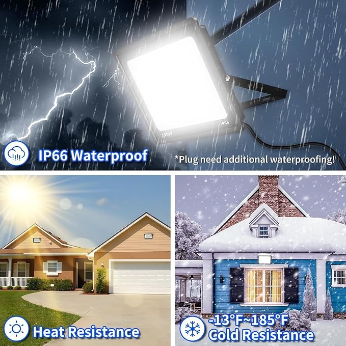 2 Pack 100W LED Flood Light, IP66 Waterproof | 12000LM, 5000K Daylight White, Plug in with 5ft Cord, Outdoor Exterior Lighting, for Yard, Garage, Patio, Backyard