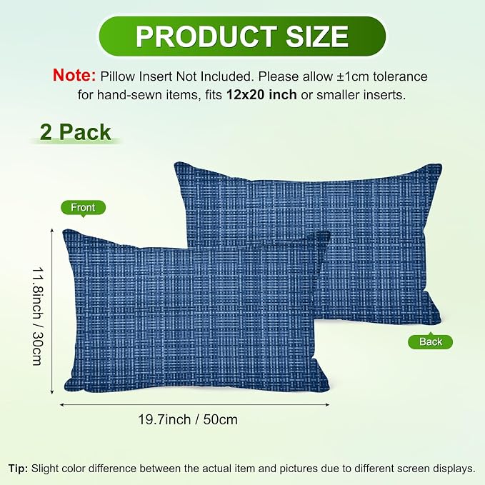 M METERXITY 2-Pack Outdoor Waterproof Throw Pillow Cover, 12x20 Inch Linen Weaving Texture Decorative Cushion Cover for Patio/Balcony/Garden, Water Resistant Pillow Case [Dark Blue]