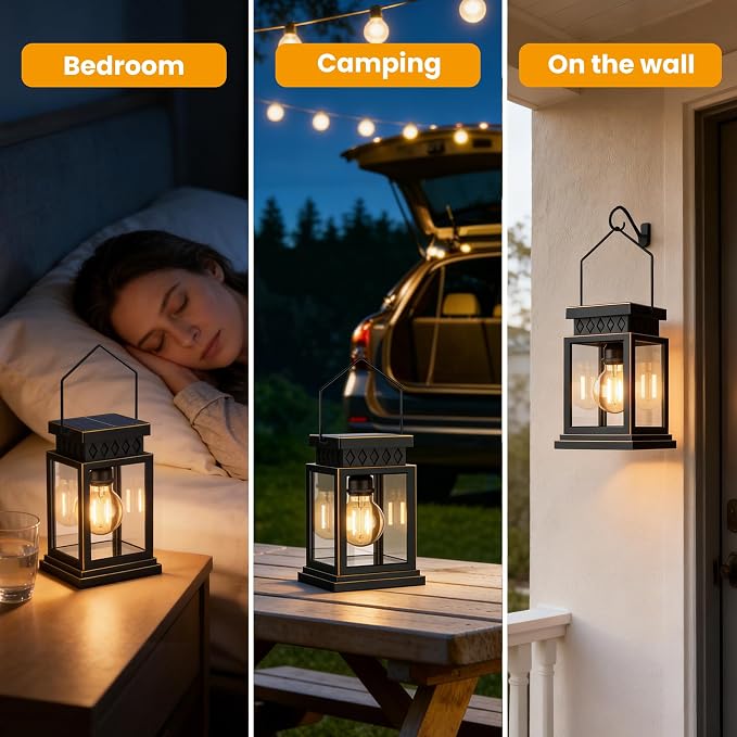 2 Pack Farmhouse Solar Lanterns ,Glass Solar Lights Bulb ,Outdoor Waterproof Upgraded Solar and 2 AA Batteries Powered, for Outside Porch, Patio and Indoor Tables, Mantelpiece.