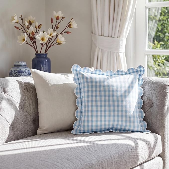 Gingham Scalloped Throw Pillow Cover 20"x20",Blue