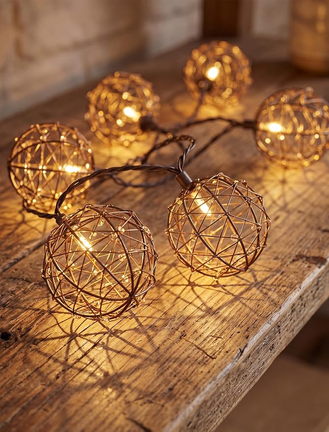 LED Outdoor Patio Lights, Beaded Copper Wire Ball Style Lantern Lights | 10 LED Wire Ball Light, 8.5FT Connectable Boho Lantern String Lights for Yard Garden Bistro Campings Porch Party Backyard