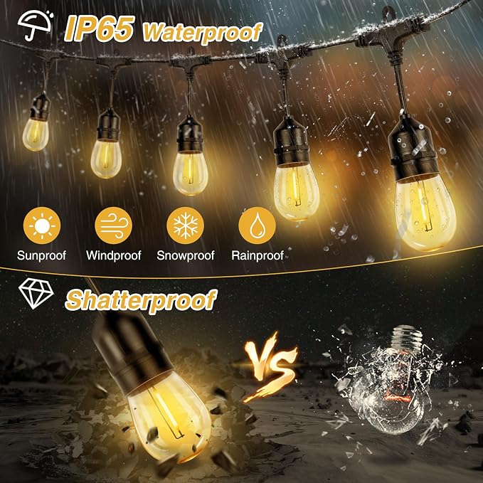 ZJOJO Solar String Lights Outdoor Waterproof 100FT Edison String Lights | Commercial Grade S14 Shatterproof Bulbs Patio Lights Solar Powered Outdoor,Hanging Lights for Cafe Patio Backyard Bistro Farm
