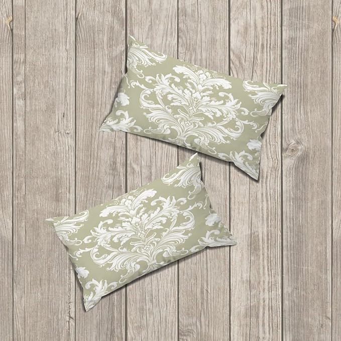 Set of 2 Tan Off Green White Damask Pattern Print Decorative Throw Pillow Covers 12x20in Farmhouse Rectangle Accent Pillow Cases Cushion Cover Cases for Sofa Chair Bedroom Home Decor
