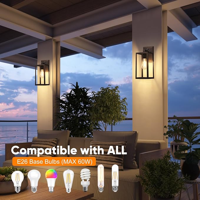 Dusk to Dawn Porch Light Fixtures, Black Brushed Gold Exterior Lighting Lamp, Sensor Wall Lantern, Waterproof Outdoor Wall Sconce for House Doorway, Garage 2 Pack