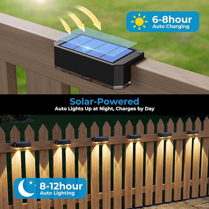 8 Pack Solar Fence Lights Outdoor, Railing Light Solar Powered, IP65 Waterproof Led Deck Solar Lights for Outside Backyard Balcony Porch, Warm White