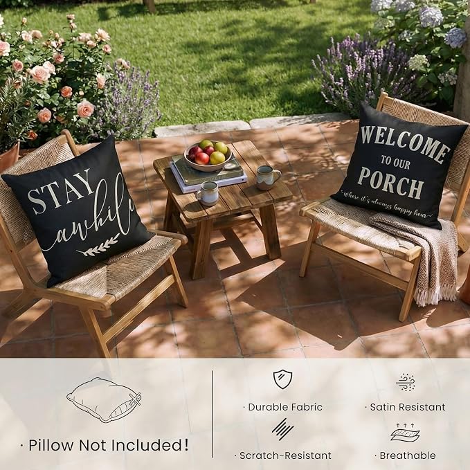 Front Porch Decor Pillow Black Outdoor Throw Pillow Covers Waterproof 18x18 | Set of 2, No Inserts, Stay Awhile Sign, Patio, Weather Resistant Outdoor Pillows, Welcome Sign for Front Porch