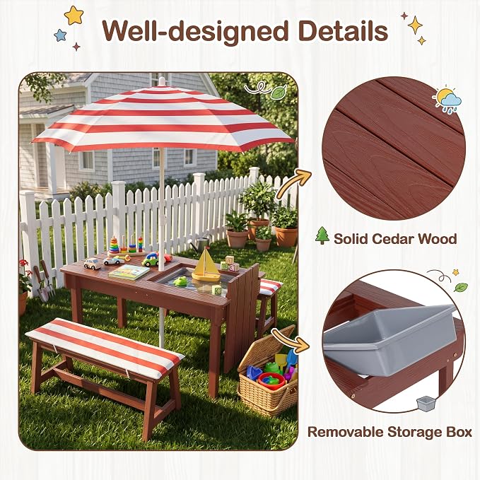 BRINJOY Kids Picnic Table with Umbrella, Outdoor Wooden Table & Bench Set w/Cushions & 2 Removable Boxes, 4-in-1 Children Sand and Water Table Activities Furniture for Patio, Garden, Indoor Outdoor