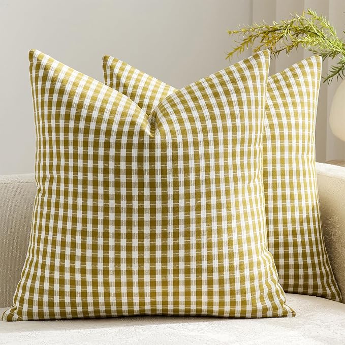 Plaid Outdoor Throw Pillow Covers 20x20 Set of 2, Waterproof Gingham Couch Pillow Cases, Farmhouse Boho Cushion Covers for Sofa Patio Summer Garden, Olive Yellow