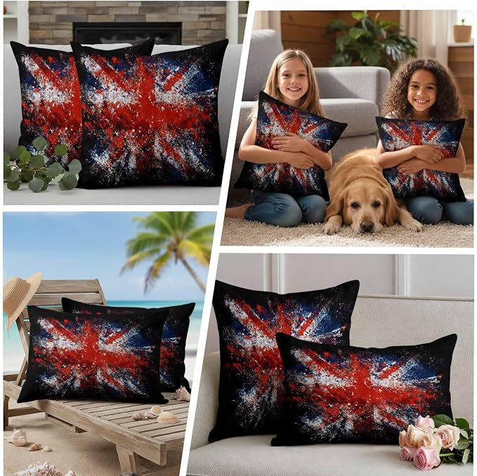 4th of July Outdoor Throw Pillows Covers 16x16 inch Set of 2 Waterproof British Flag Decorative Zippered Cushion Covers for Patio Furniture, Retro National Flag Independence Day Lumbar Pillowcases