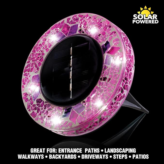 Bell+Howell Solar Outdoor Mosaic Disk Lights, 4 Pack Ultra-Premium Glass Decorative Pathway, Solar Outdoor Waterproof Disk, LED Pathway, Auto On/Off Lights - Radiant Pink