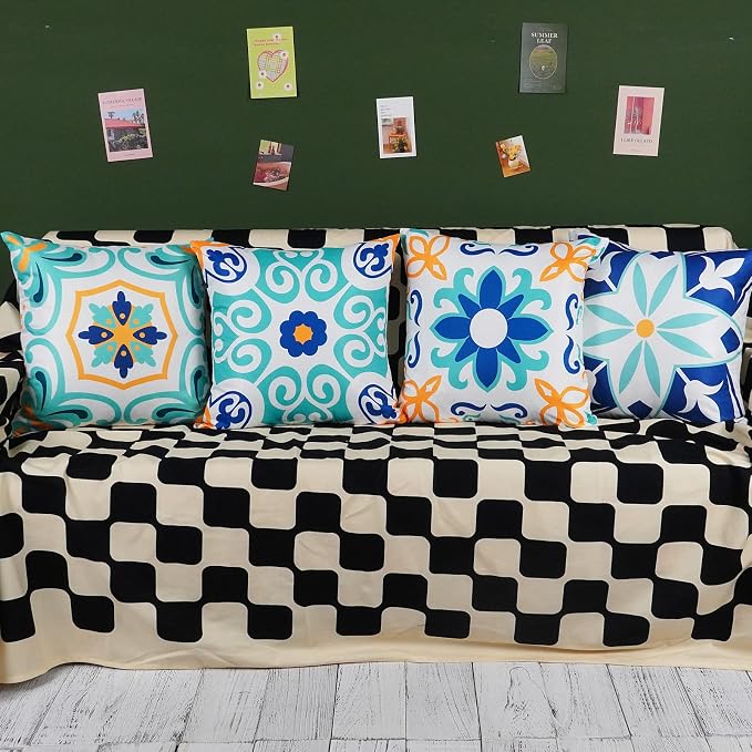 ONWAY Outdoor Boho Pillow Covers Waterproof 18x18 Set of 4 Floral Farmhouse Decorative Outdoor Throw Pillows for Bench Couch Patio Furniture Decorations