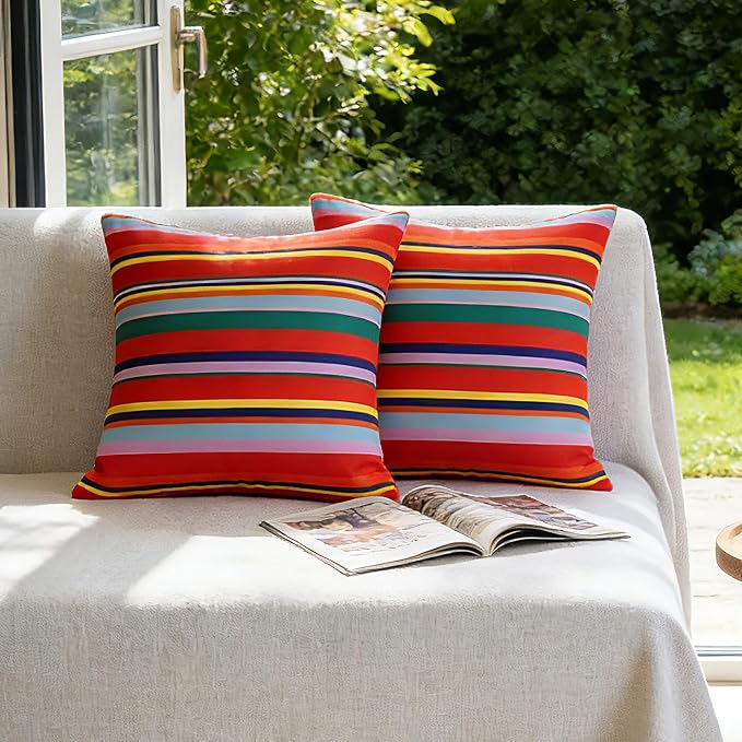 Eternal Beauty 20X20'' Set of 2 Outdoor Decorative Pillow Covers Waterproof Outdoor Pillow Covers for Spring Summer Patio Throw Pillows, Red Stripe, 20X20 inches