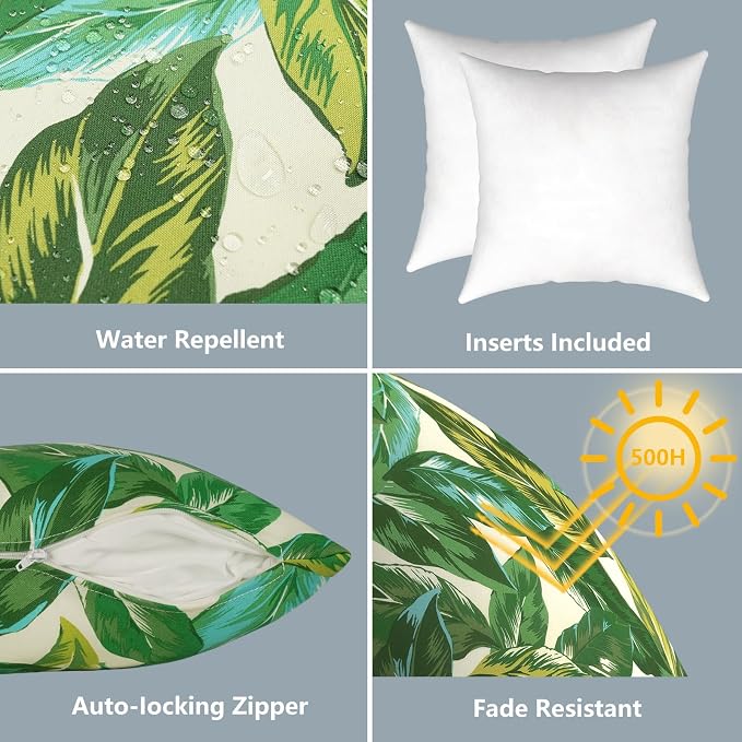 LVTXIII 2 Pack Outdoor Pillows 18x18 Inch, Square Throw Pillows with Inserts, Decorative Water-Repellent Pillow Cushions for Patio Furniture and Garden Sofa, Lush Leaf Jungle