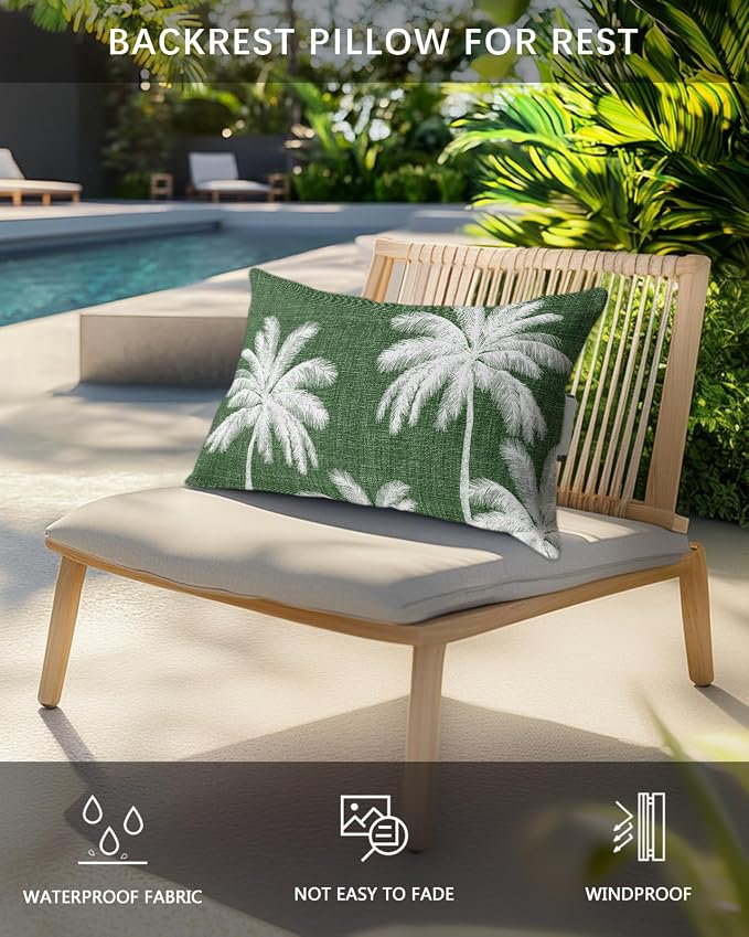 Pack of 4 Outdoor Lumbar Pillow Covers 12x20 Inch, Dark Green Palm Trees Waterproof Throw Pillow Covers Set, Farmhouse Tropical Summer Beach Indoor&Outdoor Decorative Cushion Cases for Patio Porch Car