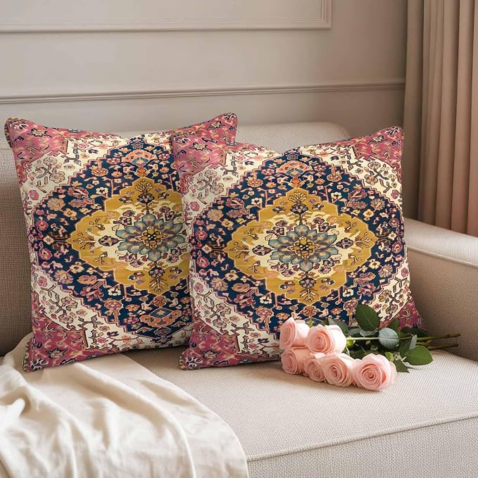 Southwest Aztec Waterproof Outdoor Pillow Covers Set of 2 Home Decor, Boho Tribe Traditional Floral Patterned Pillowcase Patio Pillow Covers for Couch Bench Furniture Garden 24x24in
