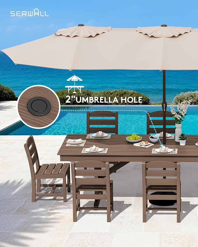 SERWALL 9 Piece Outdoor Dining Set, 84" HDPE Outdoor Table and Armless Chairs Set for 8，All Weather Patio Furniture Set with Umbrella Hole for Backyard, Garden, Brown