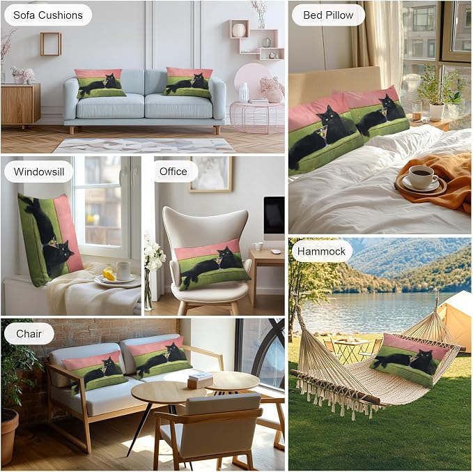 Funny Cat Outdoor Pillow Covers 20x12 Inch Lumbar Pillow Covers Set of 2 Waterproof Decorative Throw Pillow Cases Vintage Wine Animals Green Pink Cushion Covers for Patio Furniture Garden Couch