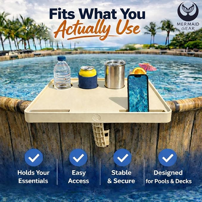 Above‑Ground Pool Table Tray with Cup Holders – Fits Intex, Coleman & Bestway Metal Frame Pools – Adjustable Drink & Snack Table with Phone Slots for Poolside Use