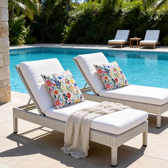 Outdoor Pillows Covers 18X18 Inch Pack of 2, Spring Floral Waterproof Throw Pillow Covers, White Printed Flower Decorative Square Pillowcases for Summer Patio Furniture Garden Balcony Porch