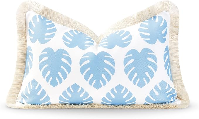 Hofdeco Premium Coastal Hampton Style Patio Indoor Outdoor Lumbar Pillow Cover Only, 12"x20" Water Resistant for Backyard, Couch, Baby Blue Monstera Leaf Fringe