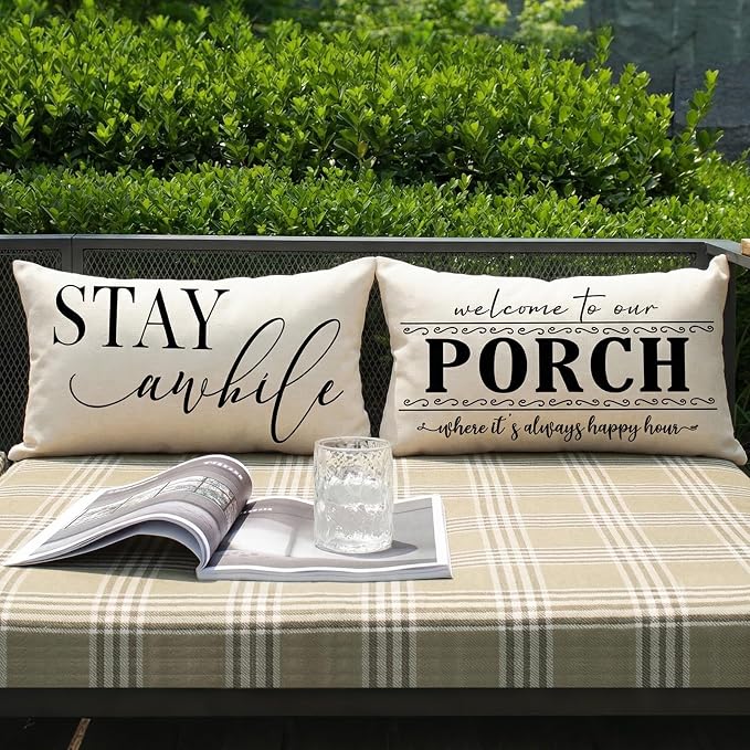 Front Porch Decor Pillows Outdoor Lumbar Pillow Covers Waterproof 12x20 | Set of 2, No Inserts, Minimalist Neutral Home Decor, Patio Pillows Outdoor Waterproof, Weather Resistant Outdoor Pillows