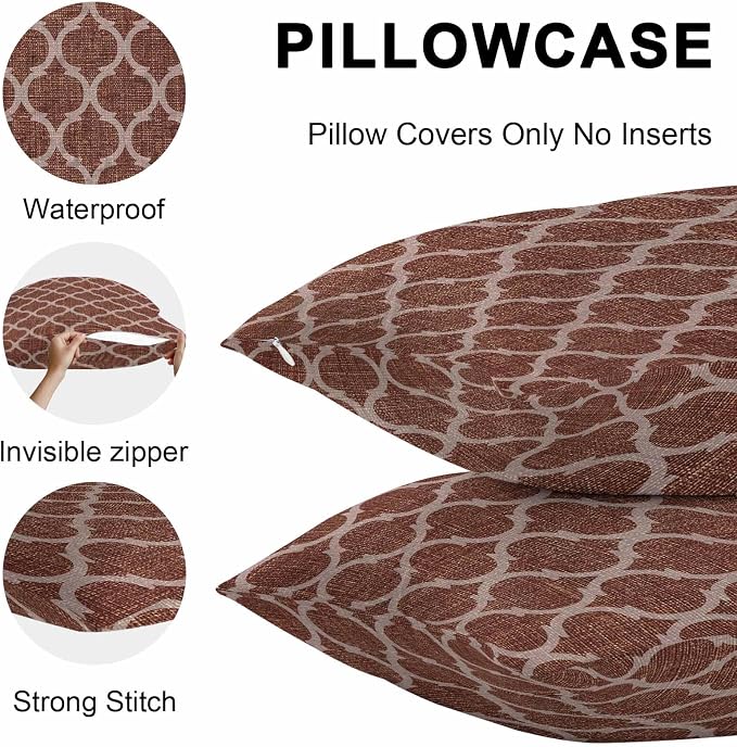 Brown Moroccan Outdoor Pillow Covers 16x16 Inch Throw Pillow Covers Set of 2 Waterproof Decorative Pillow Cases Morocco Abstract Quatrefoil Geometric Cushion Covers for Patio Furniture Garden Couch
