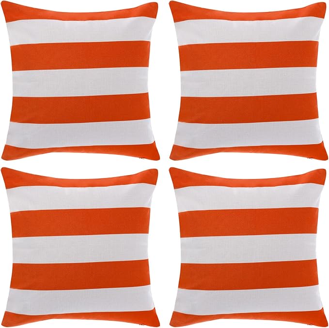 tiggell 4 Pack Waterproof Pillow Covers Outdoor Throw Pillowcases Decorative Garden Cushion Case for Home Garden Patio Couch Balcony Striped (Orange & White, 18 * 18 inch)