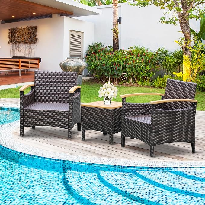 HAPPYGRILL 3 Pieces Patio Rattan Conversation Set, Outdoor PE Wicker Furniture Set with Coffee Table, Soft Seat Cushions & Throw Pillows, Acacia Wood Sofa Set for Patio Courtyard Poolside, Beige