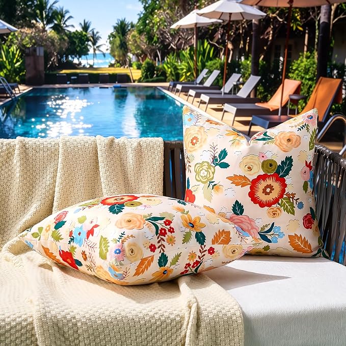 Waterproof Throw Pillow Covers Outdoor Beige Decorative Pillow Covers Summer Floral Accent Square Couch Covers Garden Farmhouse Cushion Cases 16x16 Inch Set of 2 for Patio Tent Balcony Furniture Sofa