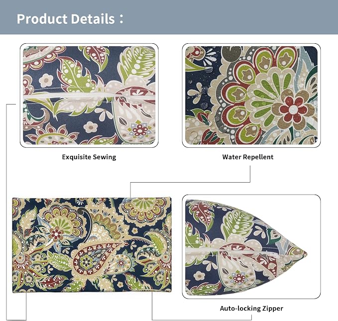12x20 Inch Lumbae Pillow Covers, Rectangle Waterproof Throw Covers Set of 2, Decorative Patio Furniture Cushion Cases for Porch Garden, Paisley Sapphire Blue