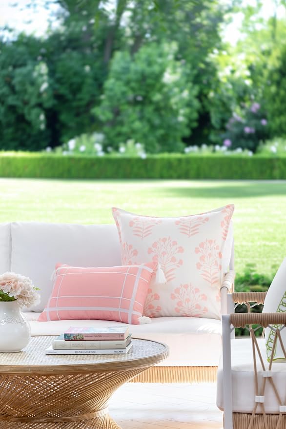 Hofdeco Premium Coastal Patio Indoor Outdoor Lumbar Pillow Cover Only, 12"x20" Water Repellent for Backyard, Couch, Blush Pink Embroidered Line Frame