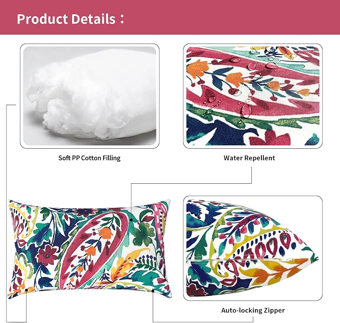 Outdoor Lumbar Pillows 12x20 inch, Rectangle Throw Pillows with Inserts, Decorative Lumbar Cushions for Patio Furniture Garden Couch Home Sofa Office Chair, Pack of 2, Vigour Paisley