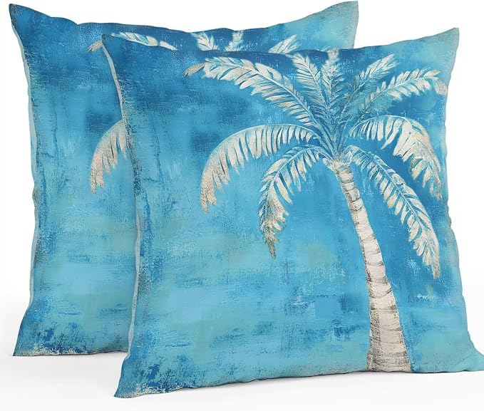 Coastal Beach Tree Blue Outdoor Waterproof Pillow Covers, Vintage Summer Palm Tree Decorative Square Throw Pillowcase, Tropical Botanical Sofa Cushion Sham for Patio/Couch/Chair, 16"x16" 2 Pack