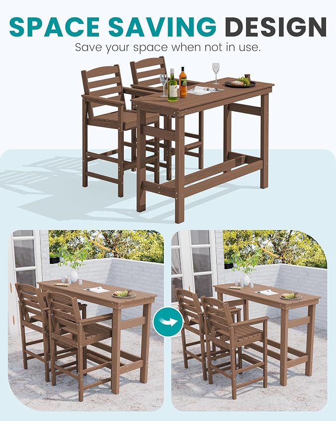 SERWALL Outdoor Bar Set - 4 Adirondack Bar Chairs & Bar Height Table with 1.6" Umbrella Hole, All-Weather HDPE Patio Furniture for Poolside, Backyard, Garden - Brown