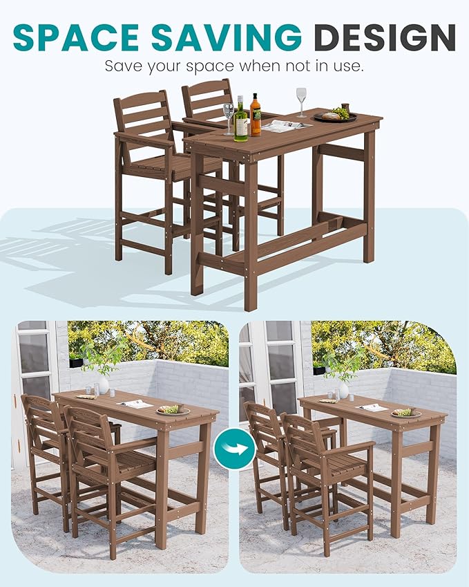 SERWALL Outdoor Bar Set - 2 Adirondack Bar Chairs & Bar Height Table with 1.6" Umbrella Hole, All-Weather HDPE Patio Furniture for Poolside, Backyard, Garden - Brown