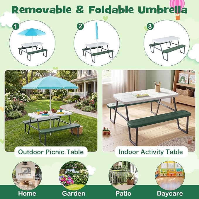 HONEY JOY Kids Picnic Table, 4 Person Toddler Outdoor Table and Chair Set, Built-in Benches, Removable Umbrella, Metal Frame & HDPE Top, Children Outdoor Furniture for Backyard Patio Garden (Green)