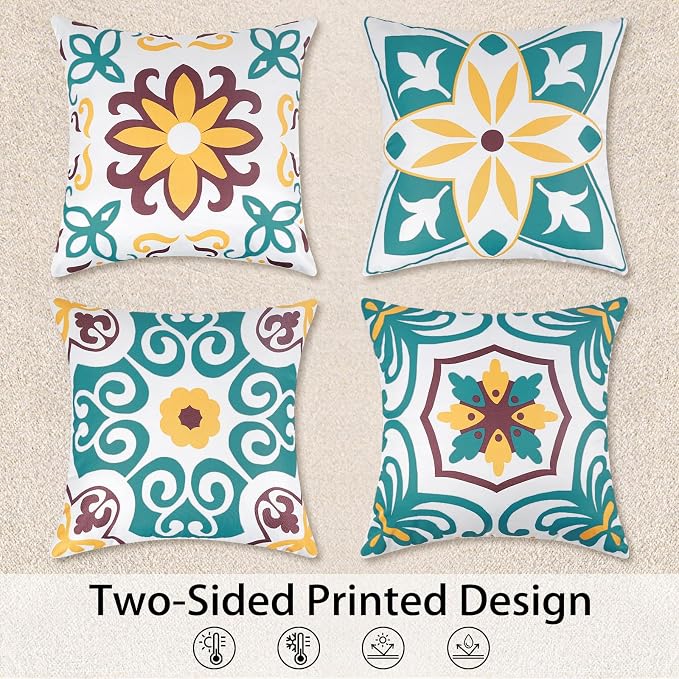 Pyonic Turquoise Waterproof Outdoor Pillow Covers 16x16 inch | Set of 4,Morocco Vintage Floral Boho Throw Pillow Covers ,Water Resist Outdoor Pillows for Patio Furniture Garden Yard
