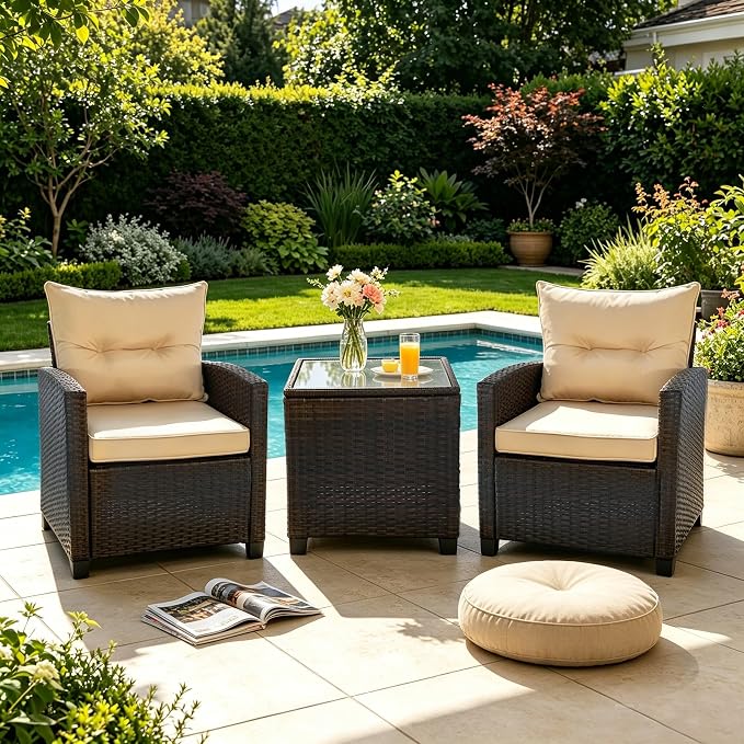 SHGJ&SOFT 3 Pieces Patio Furniture Set, Outdoor Conversation Set with Cushions, PE Rattan Wicker Bistro Set and Tempered Glass Tabletop, Outdoor Rattan Sofa for Poolside,Porch,Balcony (Beige)