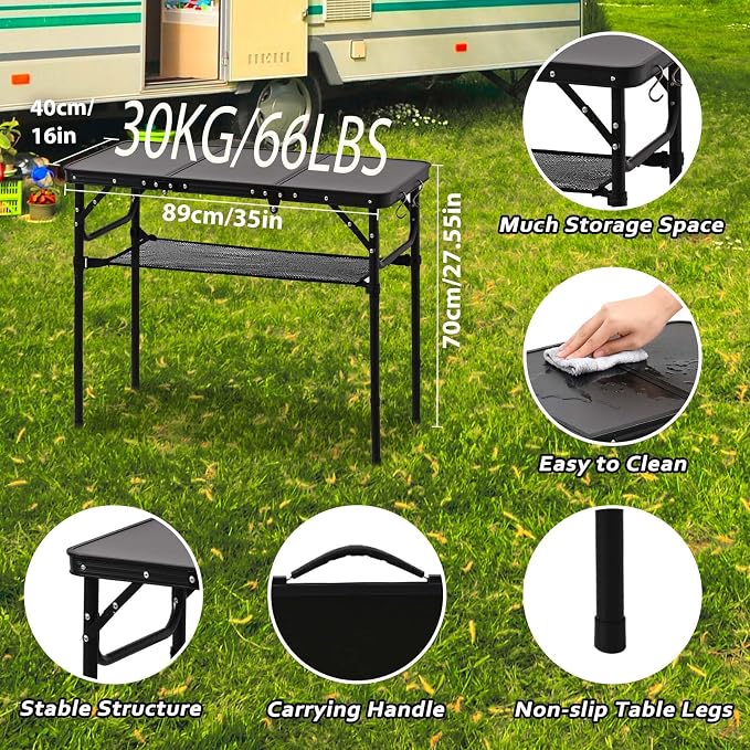 YihuiKo Folding Picnic Table with Storage Net, Matte Black Aluminum Folding Table 35" x 16", Adjustable Height Max 27.5", Lightweight Portable for Camping Travel