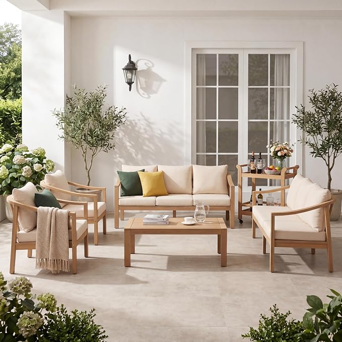 Merax 5 Piece All-Weather Acacia Wood Outdoor Conversation Set, 8-Seater | Patio 2 3-Seater Sofas, 2 Club Chairs with Coushions, 1 Coffee Table for Backyard, Deck, Poolside, Easy Assemble, Teak+ Beige